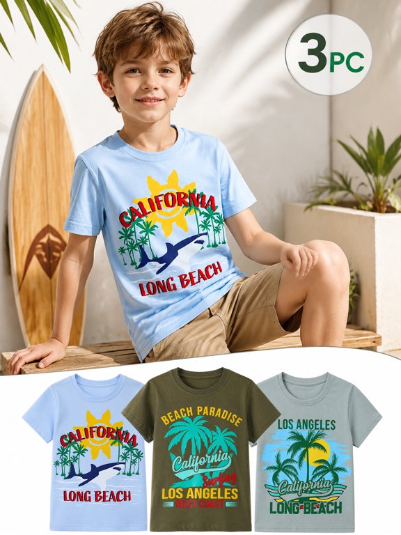 Kids Boys T-Shirts 3 Pack, 100% Cotton Short Sleeve Tees for 6-12Y, California Beach Surf Themed Summer Tops for Teen Boys