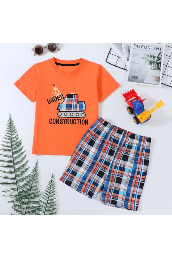 Little Boy Summer Short Clothes Sets Outfits Easter Cotton Orange Excavator Tee Shirts Shorts Playwear Size 6