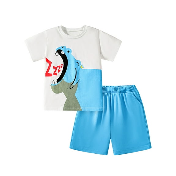 HILEELANG Little Boy Summer Short Clothes Sets Outfits Easter Cotton White Hippo Tee Shirts Pocket Adjustable Knite Shorts Playwear Sets Size 7