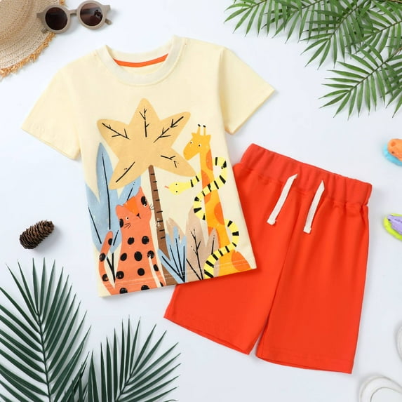 HILEELANG Little Boy Summer Short Clothes Sets Outfits Easter Cotton Yellow Cat Giraffe Shirts Shorts Playwear Size 7