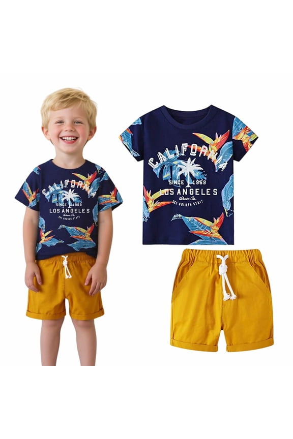 Little Boy Summer Short Sets Outfits Cotton CrewNeck Navy Blue Forest Short Sleeve Playwear Sets 6Years