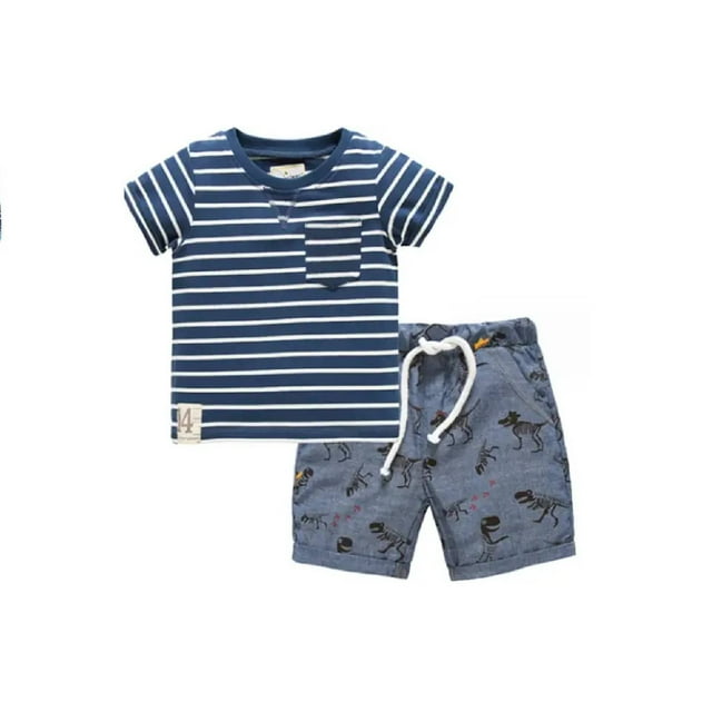 HILEELANG Little Boy Summer Short Sets Outfits Cotton CrewNeck Strip
