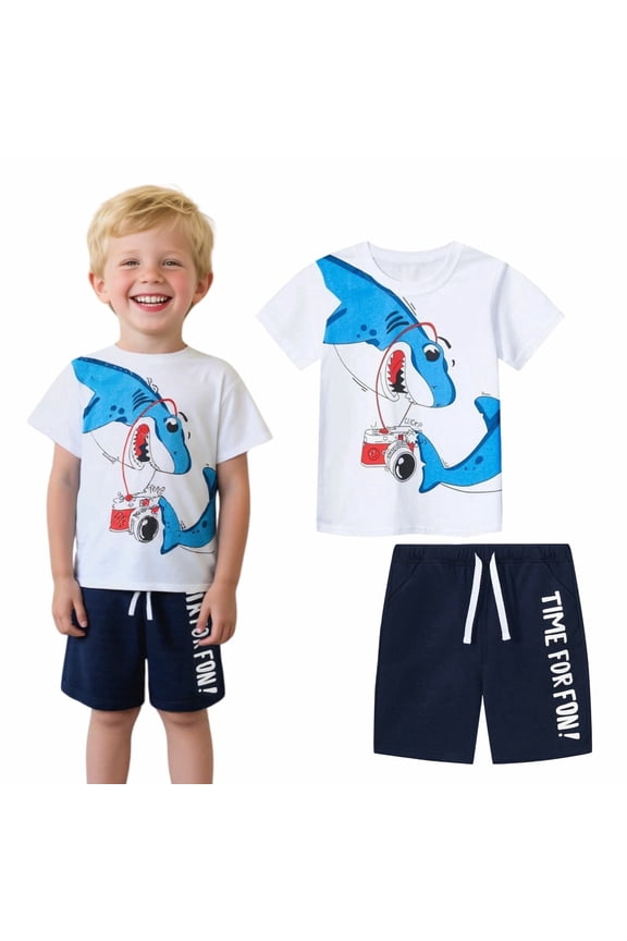 Little Boy Summer Short Sets Outfits Cotton CrewNeck White Shark Short Sleeve Playwear Sets 6Years