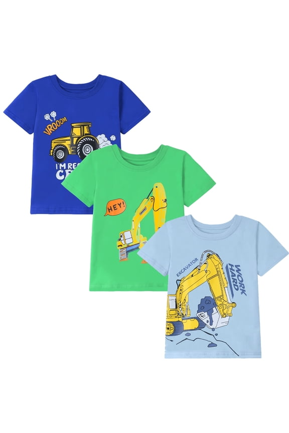Little Boy Summer Short Sleeve Tees Blue Excavator Shirts Cotton Casual Graphic Crewneck Construction T Shirts 3PC 5T