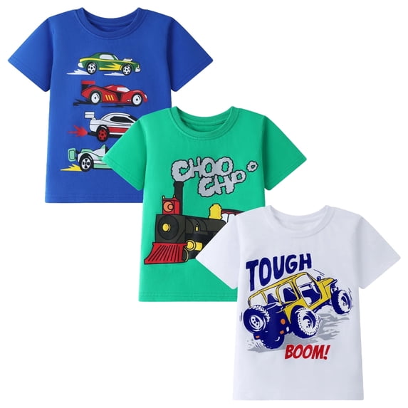 HILEELANG Toddler Boys T-Shirts 3 Pack, 100% Cotton Short Sleeve Tees for Kids 2-7T, Race Car/Train/Monster Truck Print Summer Tops for Little Boys
