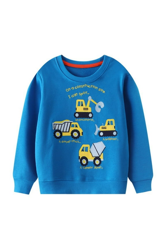Little Boy Sweatshirts Royal Blue Excavator Applique Crewneck Pullover Cotton Winter Top Clothes Shirts 7 Years