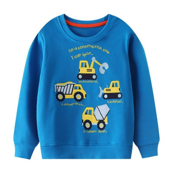 HILEELANG Little Boy Sweatshirts Royal Blue Excavator Applique Crewneck Pullover Cotton Winter Top Clothes Shirts 7 Years
