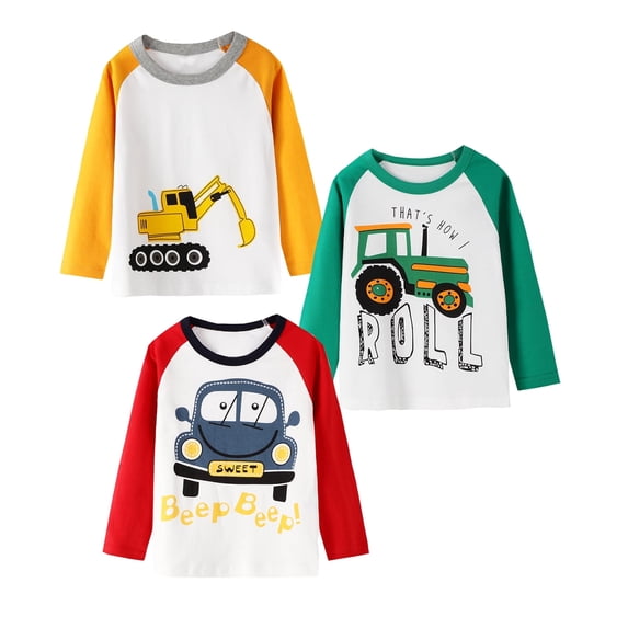 HILEELANG Little Boy Tee Raglan Long Sleeve Crewneck T Shirt Blue Red Yellow Cartton Car Winter Christmas Shirt 3 Pack Set 6
