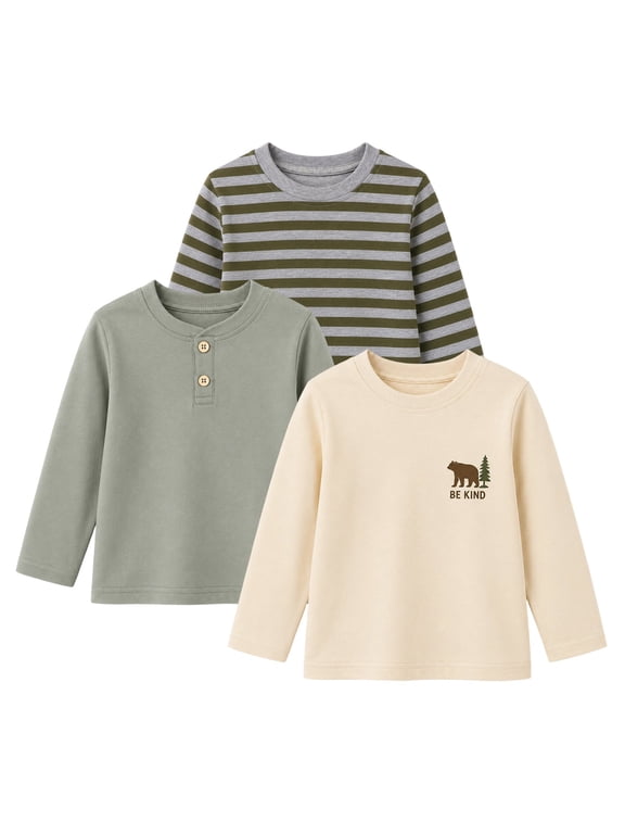 Boys Long Sleeve Shirts 3 Pack Cotton Tee Shirts Green Mix 2-7Y