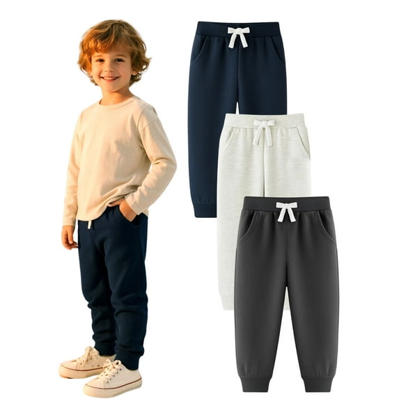 HILEELANG Little Boys Cotton Jogger Sweatpants 3 Pack, Black LightGrey Dark gray Soft Elastic Waist Playwear Sport Pants with Pockets, Sizes 7Y
