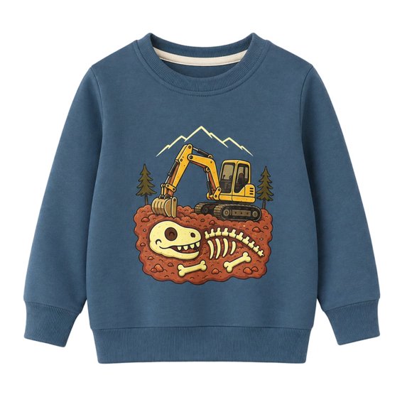 HILEELANG Toddler Boys Excavator Dinosaur Sweatshirt, 100% Cotton Long Sleeve Crewneck Pullover with Fossil Graphic, 2T-7T, Slate Blue