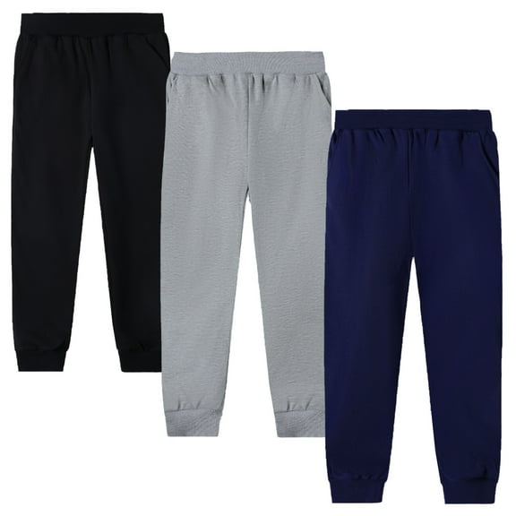HILEELANG Little Boys' Jogger Pants 3-Pack Pull on Pure Color Black Grey Navy Playwear Sweatpants Size 7