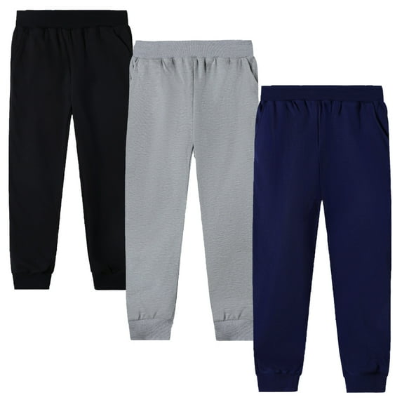 HILEELANG Little Boys' Jogger Pants 3-Pack Pull on Pure Color Black Grey Navy Playwear Sweatpants Size 7