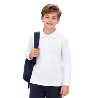 HILEELANG Little Boys Long Sleeve Collared Polo Shirt, Cotton Blend School Uniform Top, Machine Washable, White 5-14Y
