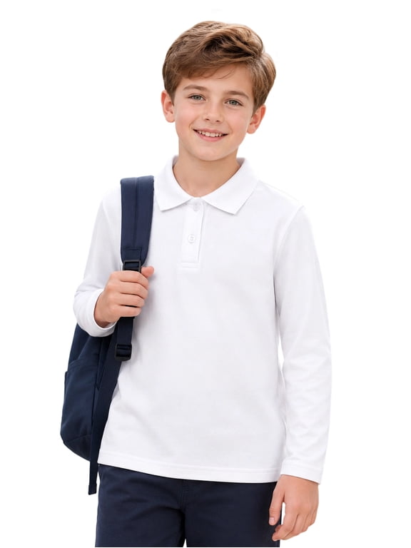 Little Boys Long Sleeve Collared Polo Shirt, Cotton Blend School Uniform Top, Machine Washable, White 5-14Y