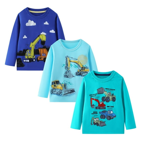 HILEELANG Little Boys' Long Sleeve Tee Shirts Cotton Crewneck Blue Excavator Graphic Tops T-Shirts 3 Packs Size 7