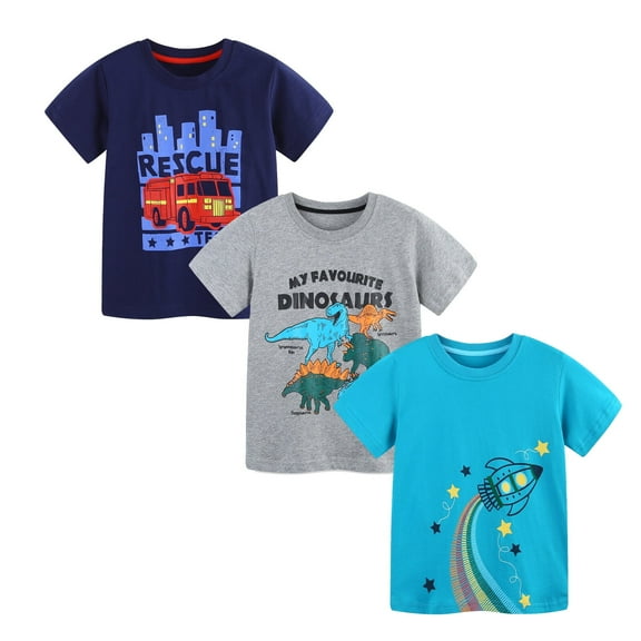 HILEELANG Little Boys' Short Sleeve Tees Cotton Casual Dinosaur Rocket Crewneck Summer Top T-Shirts Navy Grey 3 Packs Sets 7 Years