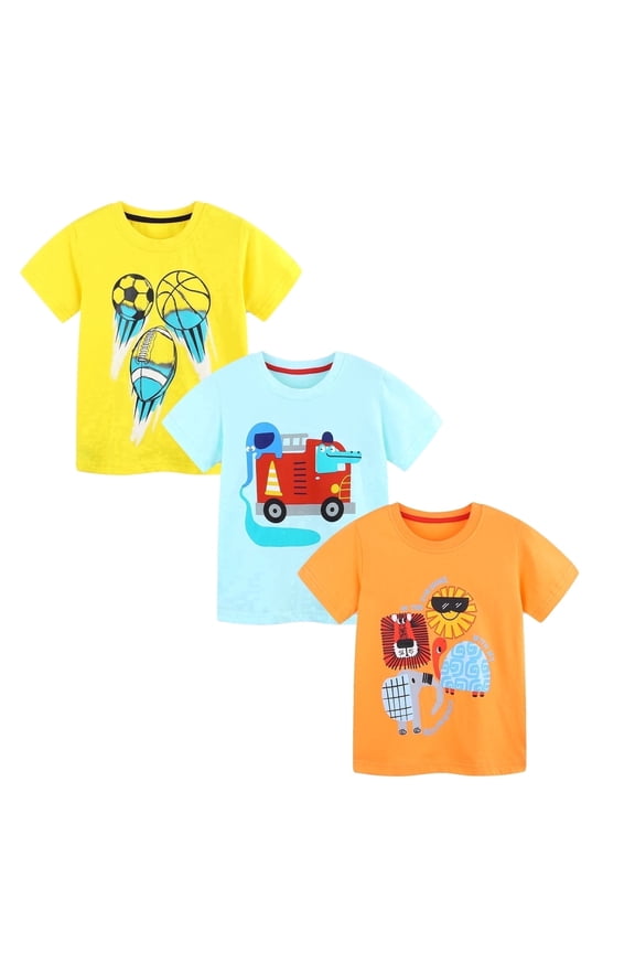 2-7T Toddler Little Boys 3-Pack T-Shirts Sports Animal Truck Graphic 100% Cotton Short Sleeve Summer Tees Yellow Orange Blue 2T 3T 4T 5T 6T 7T