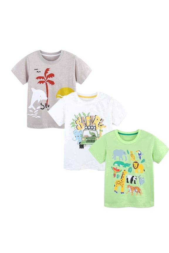 2-7T Toddler Little Boys 3-Pack T-Shirts Animal Safari Shark Graphic 100% Cotton Short Sleeve Summer Tees Green White Gray 2T 3T 4T 5T 6T 7T