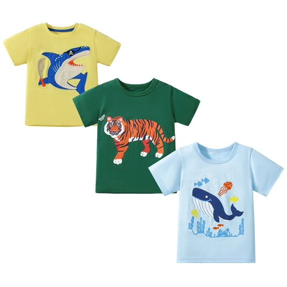 HILEELANG Little Boys' Short Sleeve Tees Cotton Casual Shark Tiger Crewneck Summer Top T-Shirts Yellow Green 3 Packs Sets 6 Years