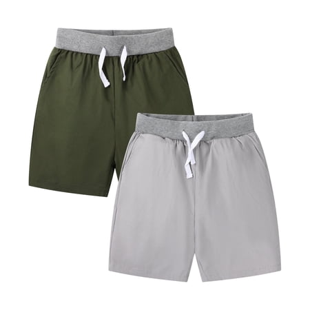 HILEELANG Little Boys'Shorts 2-Pack Chino Short Summer Cotton Casual Pants with Pockets Grey Army Green 7Years