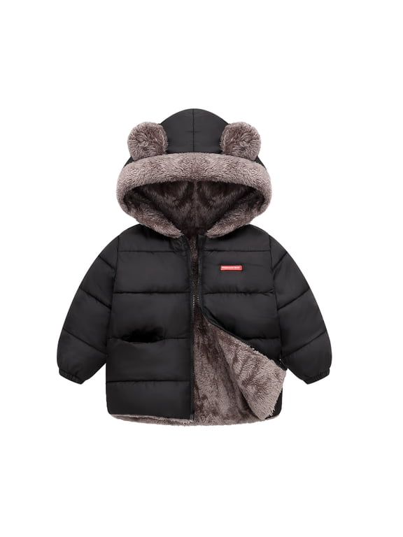 Little Boys and Girls Winter Puffer Jacket, Plush Fleece Lined Bear Ear Hooded Coat, Warm Full-Zip Outerwear, Black,Sizes 2-7 Years