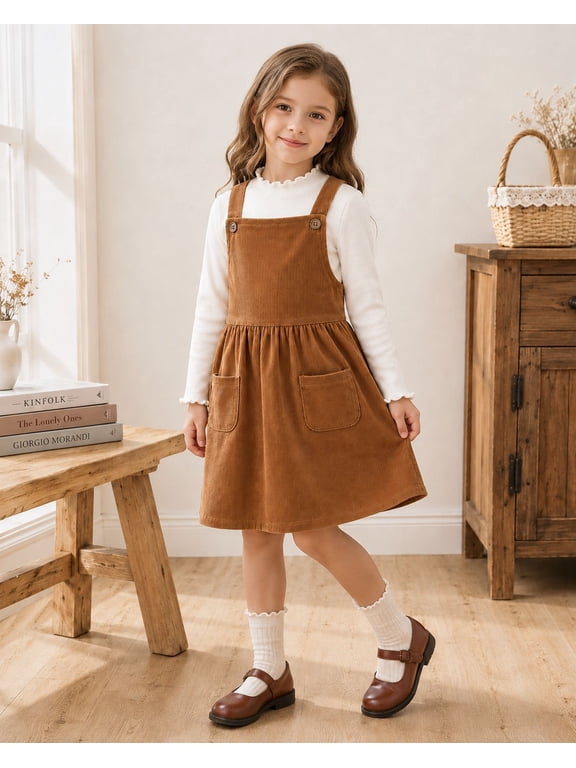 Girls 2-Piece Corduroy Jumper Dress Set with Long Sleeve Top, Brown