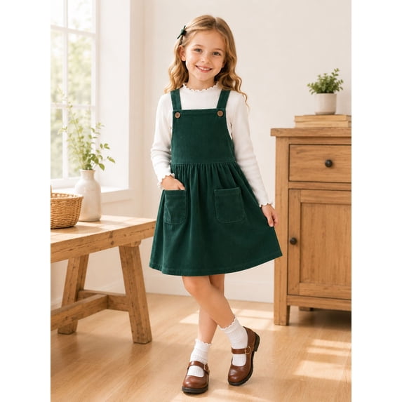 HILEELANG Girls 2-Piece Corduroy Jumper Dress Set with Long Sleeve Top, Forest Green