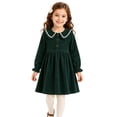 thumbnail image 1 of HILEELANG Little Girls 100% Cotton Long Sleeve Dress, Peter Pan Collar Ruffle Trim Button Front Casual Dress, Dark Green, 7Y, 1 of 14