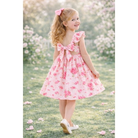 HILEELANG Little Girl Summer Dress Floral Ruffled Sleeve Backless Tie Back Crew Neck Sundress 7 Years