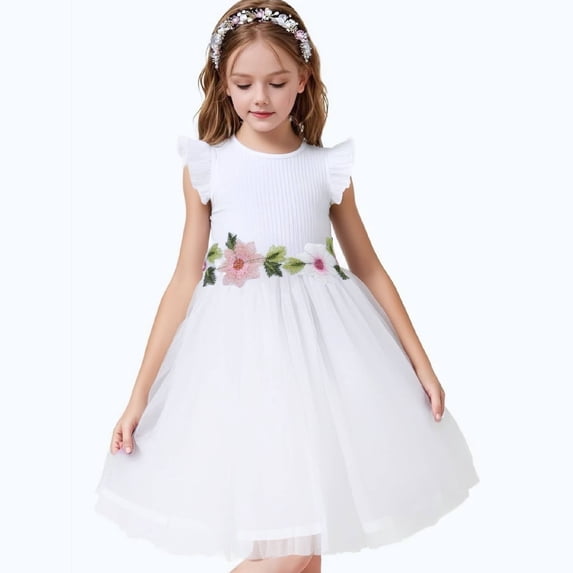 "HILEELANG Little Girls Summer Tulle Dress – Sleeveless Floral Princess Party Dress for Ages 2-12, Lightweight & Soft for Birthday, Wedding, Vacation"