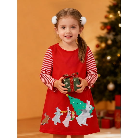 HILEELANG Little Girl Christmas Dress Red Rabbit Bunny Christmas Tree Applique Long Sleeve Cotton Casual Dresses Size 6