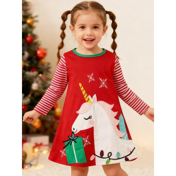 HILEELANG Little Girl Christmas Dress Red Unicorn Applique Cotton Casual Long Sleeve Tunic Playwear Dresses Size 7