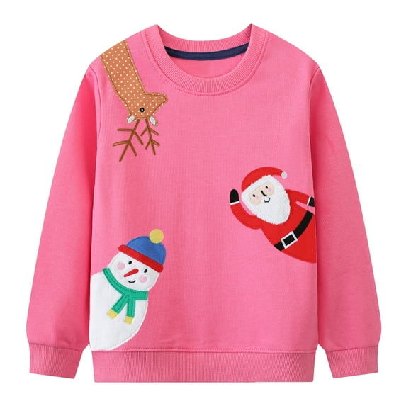 HILEELANG Little Girl Christmas Sweatshirts Rose Santa Claus Graphic Crewneck Long Sleeve Pullover Cotton Top Sweater Shirts 7Years