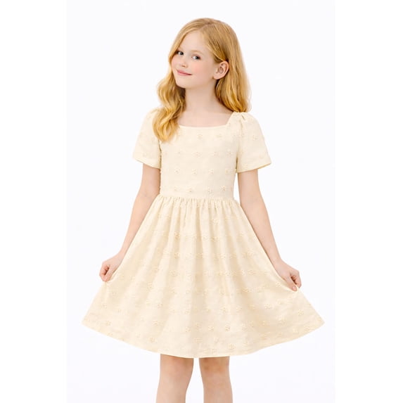 HILEELANG Little Girl Dress Short Sleeve Summer Cream Casual Tie Back Princess Elegant Party Dress 5-6T