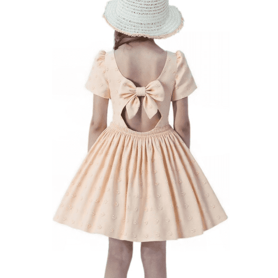 HILEELANG Little Girl Dress Short Sleeve Summer Cream Casual Tie Back Princess Elegant Party Dress 5-6T