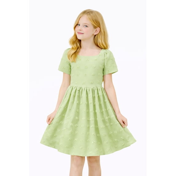 HILEELANG Little Girl Dress Short Sleeve Summer Light Green Casual Tie Back Princess Elegant Party Dress 5-6T
