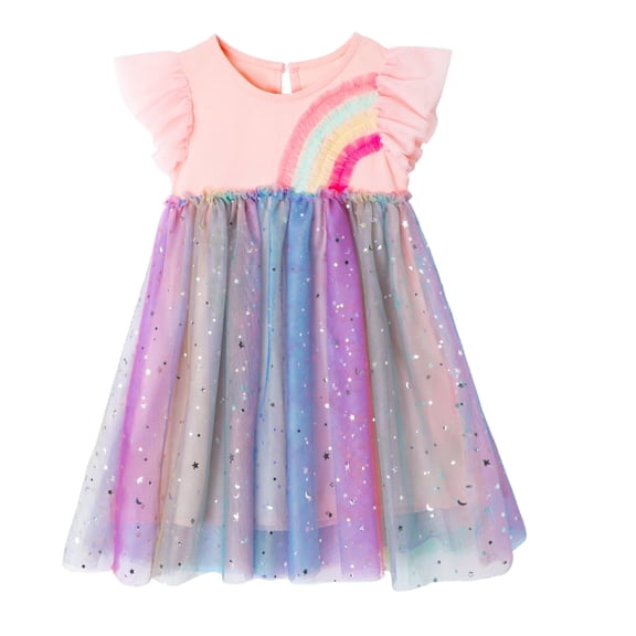 HILEELANG Little Girl Dresses Short Ruffle Sleeve Cotton Tulle Tutu Pink Rainbow Birthday Party Dresses Size 6