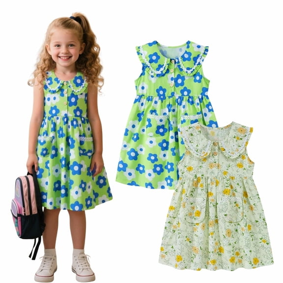 HILEELANG Toddler Little Girls 2 Pack Summer Dresses, Sleeveless Peter Pan Collar Sundress Set with Pockets, 2T-7T