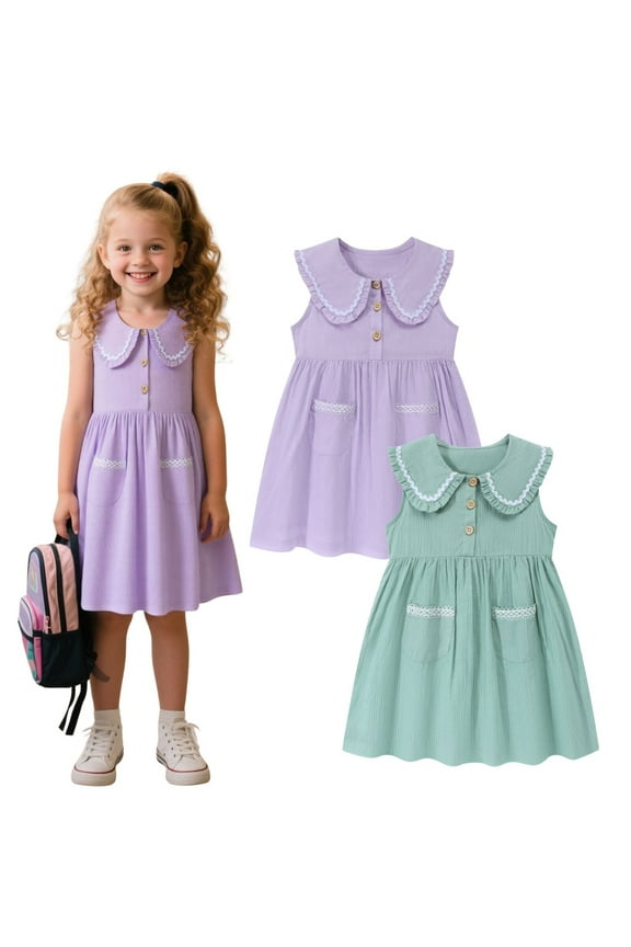 2-Pack Toddler Girls School Dresses, Sleeveless Peter Pan Collar Uniform Dresses for Back to School, Purple& Light Green , 2T–7T