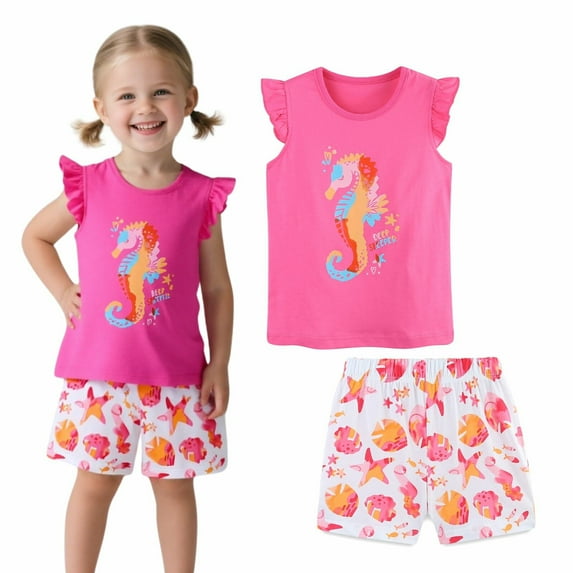 HILEELANG Little Girl Easter Summer Short Outfits Cotton CrewNeck Pink Sea Horse Short Sleeve Playwear 2PC Sets 6Years