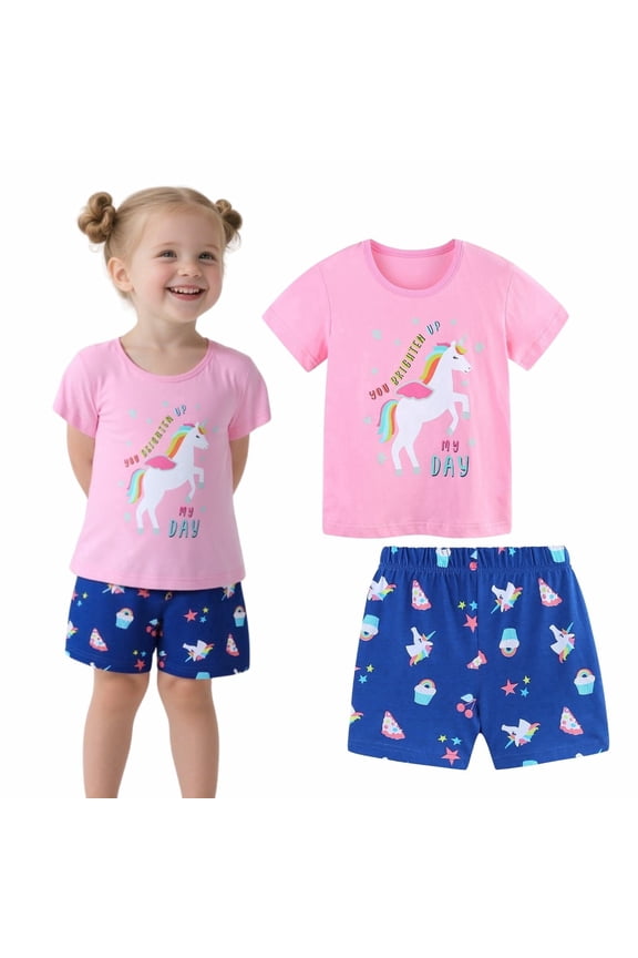 Little Girl Summer Short Outfits Cotton CrewNeck Pink Unicorn Short Sleeve Playwear 2PC Sets 6T