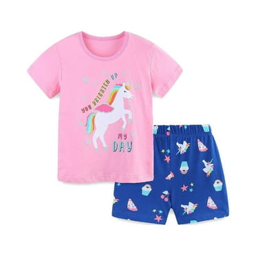 HILEELANG Little Girl Easter Summer Short Outfits Cotton CrewNeck Pink Unicorn Short Sleeve Playwear 2PC Sets 6Years