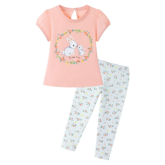 HILEELANG Little Girl Easter T-Shirt Leggings Outfit Set Summer Cotton Pink White Bunny Rabbit Ruffle Short Clothing Sets Size 6