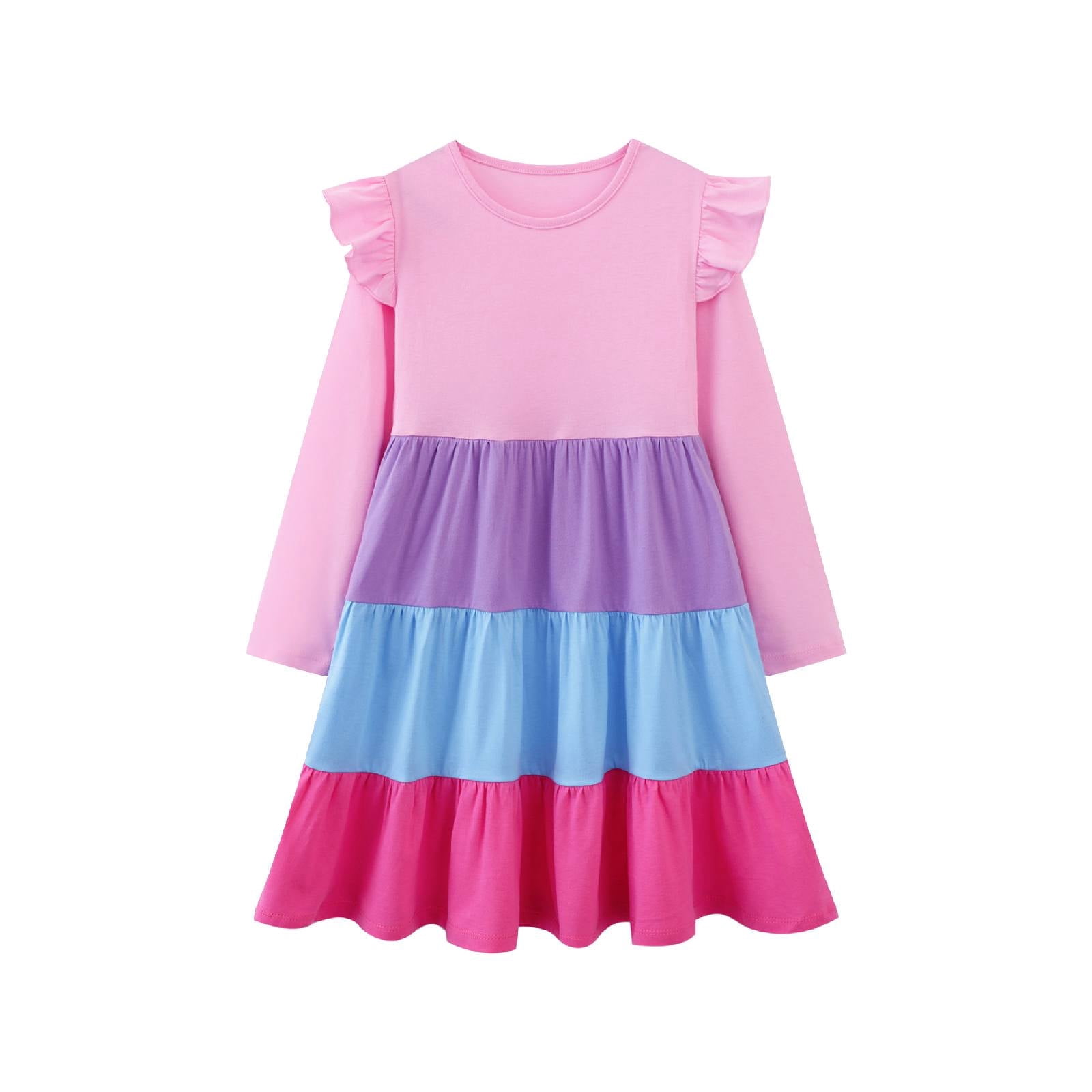 HILEELANG Little Girl Long Sleeve Dress Ruffle Solid Color Cotton