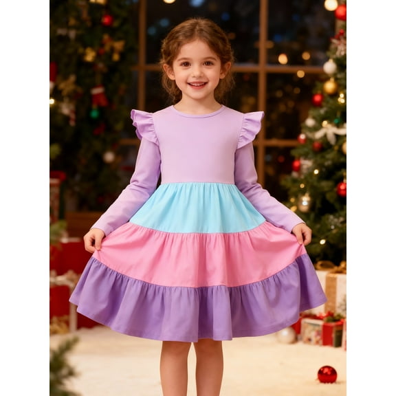 HILEELANG Little Girl Long Sleeve Dress Ruffle Solid Color Cotton Casual Tiered Pleated Twirly Dress 7Years