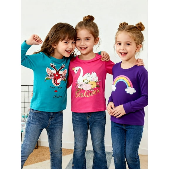 Kids Girl Long Sleeve Shirts Christmas Pink Green Elk Purple Rainbow Cotton Casual Crewneck Jersey Tunic T-Shirts 3 Packs Sets Size 6