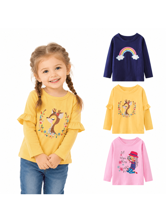 Girls Long Sleeve Graphic T-Shirts, 3-Pack Soft Cotton Crewneck Tees with Girl, Rainbow and Unicorn Prints, Pink Navy Yellow Sizes 2T-12