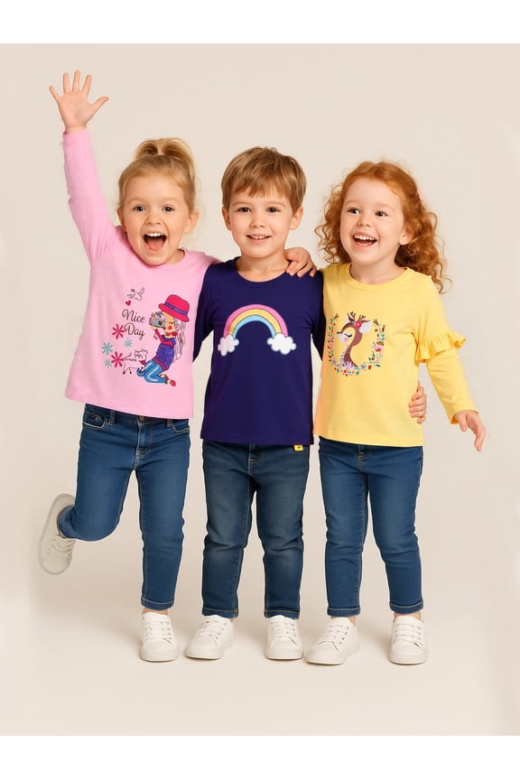 Kids Girl Long Sleeve Shirts Ruffle Blue Rainbow Cotton Casual Crewneck Jersey Tunic T-Shirts 3 Packs Sets Size 6