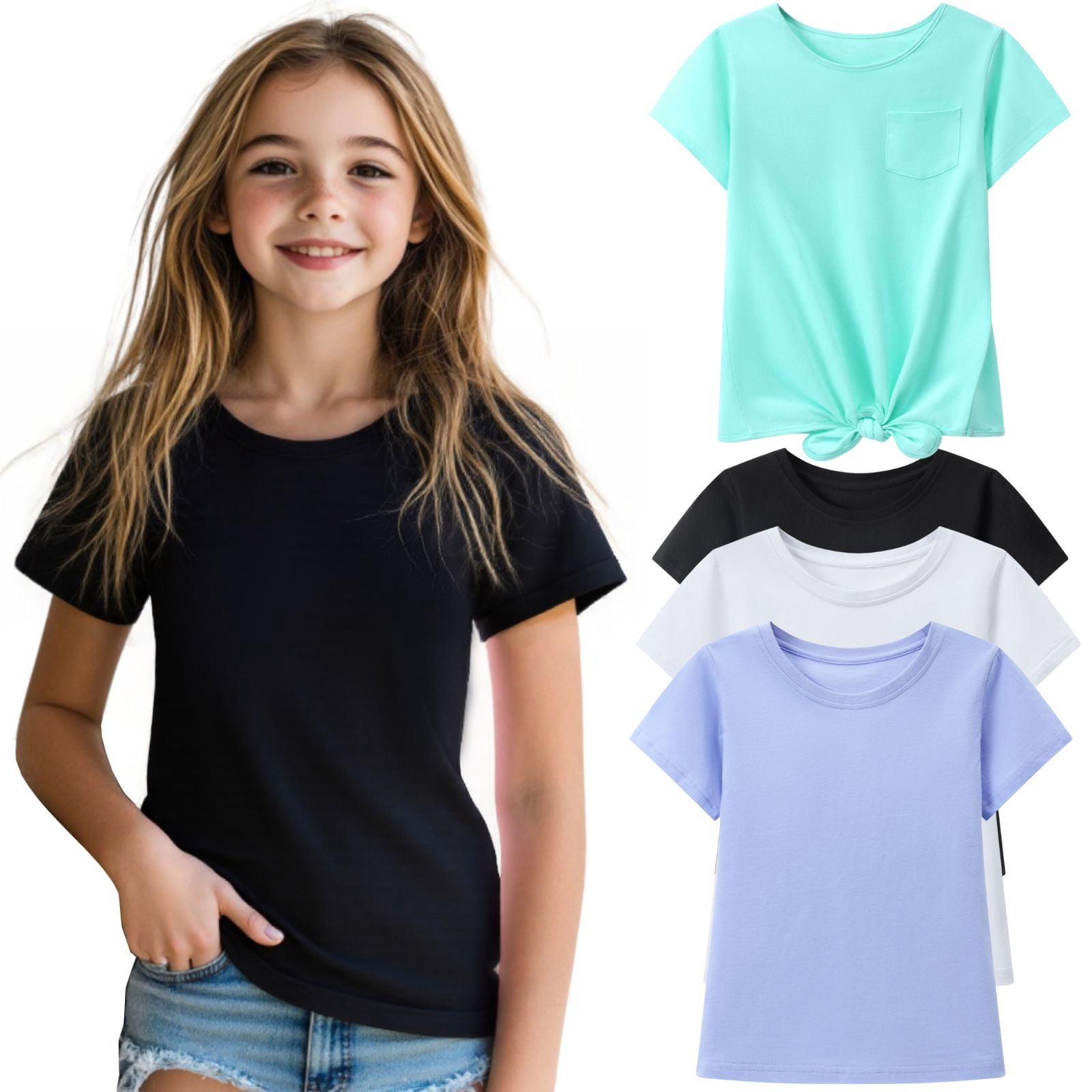 4-PC Little Girls 5-16Y Black Light Blue White Mint Cotton Short Sleeve Crewneck T Shirt Tee Size 7-8Y